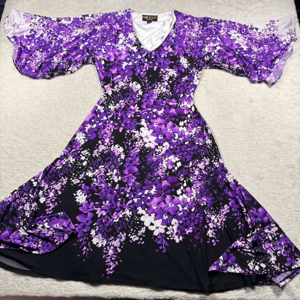 Marc Bouwer Unlimited Dress Womens Small Purple Floral Angel Sleeve V-Neck Flare